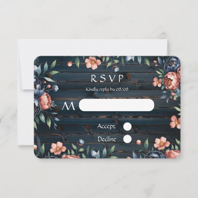 Cartão RSVP Casamento de madeira marinho Azul e Buquê de Cobre (Frente)