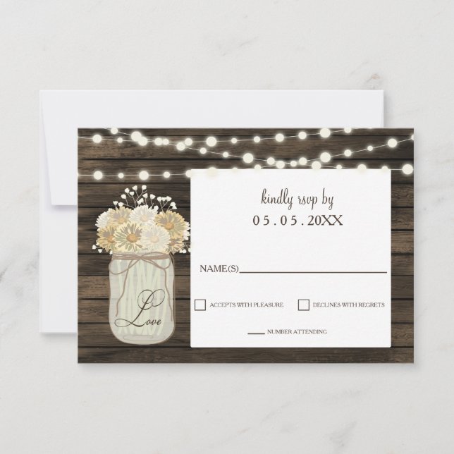 Cartão RSVP Casamento de Madeira na Rússia Mason Jar Daisy Bar (Frente)