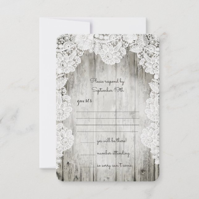 Cartão RSVP Casamento de Madeira Rústica Country Faux Lace Bar (Frente)