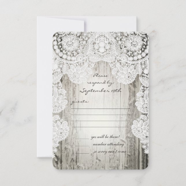 Cartão RSVP Casamento de Madeira Rústica Country Faux Lace Bar (Frente)