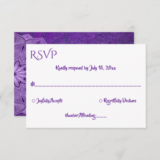Cartão RSVP Casamento de Mandala, Caligrafia Simples Elegante (Frente/Verso)
