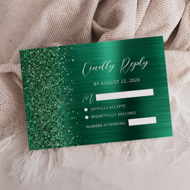 Cartão RSVP Casamento de Manuscrito de Emerald Green com metal (Criador carregado)