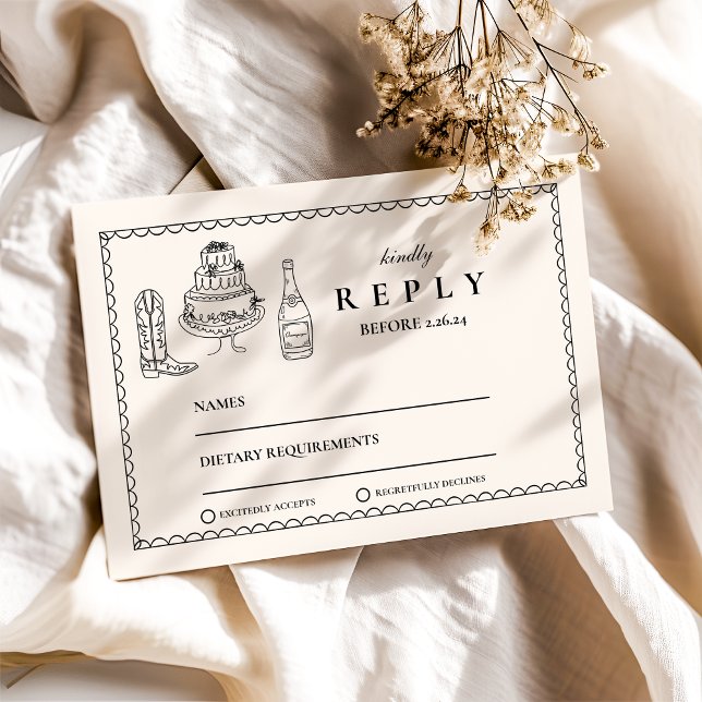 Cartão RSVP Casamento de Mão Branca Negra Desenhada de Porodle (Criador carregado)