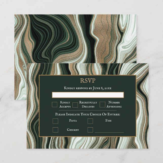Cartão RSVP Casamento de Marble Elegante Verde e Dourado (Frente/Verso)