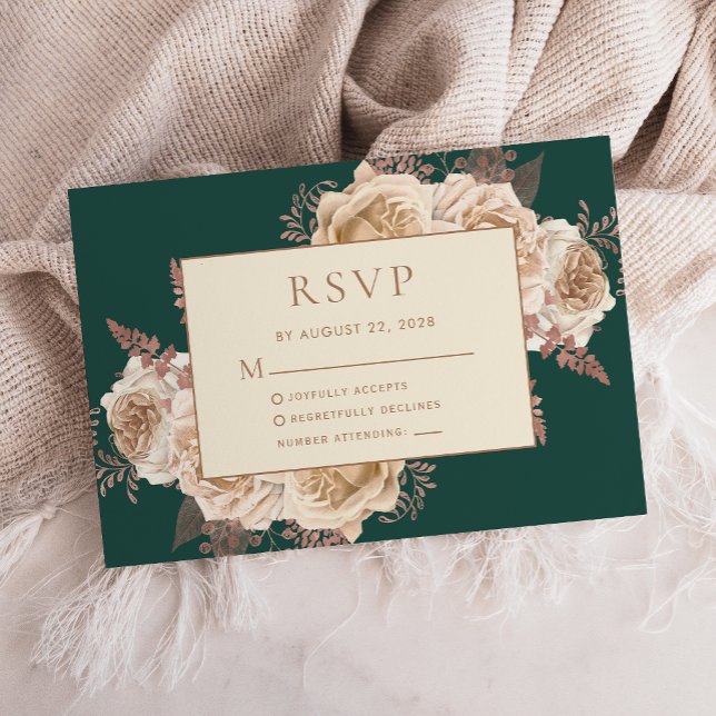 Cartão RSVP Casamento de marfim Dourado com Rosa de Teal Flora (Criador carregado)