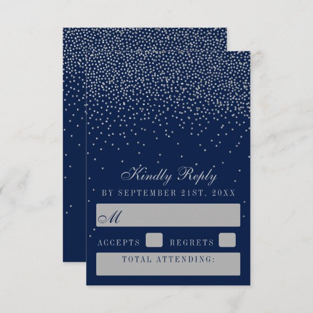 Cartão RSVP Casamento de marinho Azul e Prata Glam Confetti (Frente/Verso)