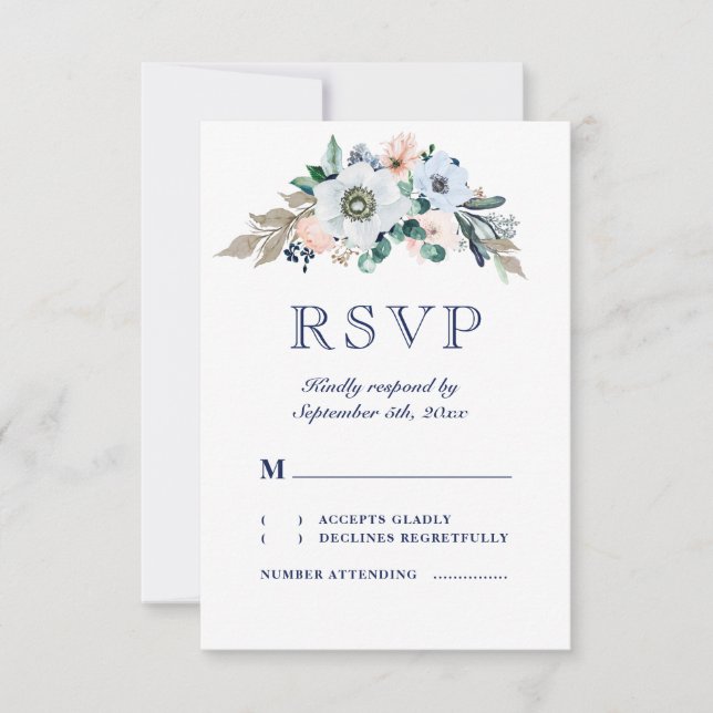 Cartão RSVP Casamento de Marinho de Anêmona Floral Rustic Wate (Frente)