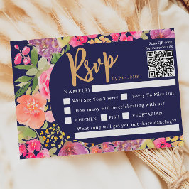 Cartão RSVP Casamento de marinho de guião floral brilhante boh
