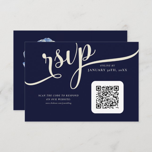 Cartão RSVP Casamento de Marinho Elegante Azul e Creme Tulip (Frente/Verso)