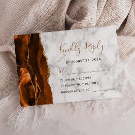 Cartão RSVP Casamento de Mármore Ágata Dourado Laranja Queimad