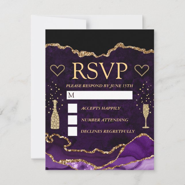 Cartão RSVP Casamento de Mármore de Ágata com Brilho Falso Rox (Frente)