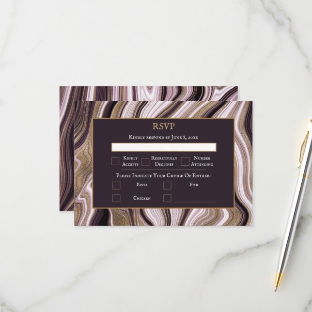 Cartão RSVP Casamento de Mármore Dourado e Roxo Elegante (Frente/Verso In Situ)