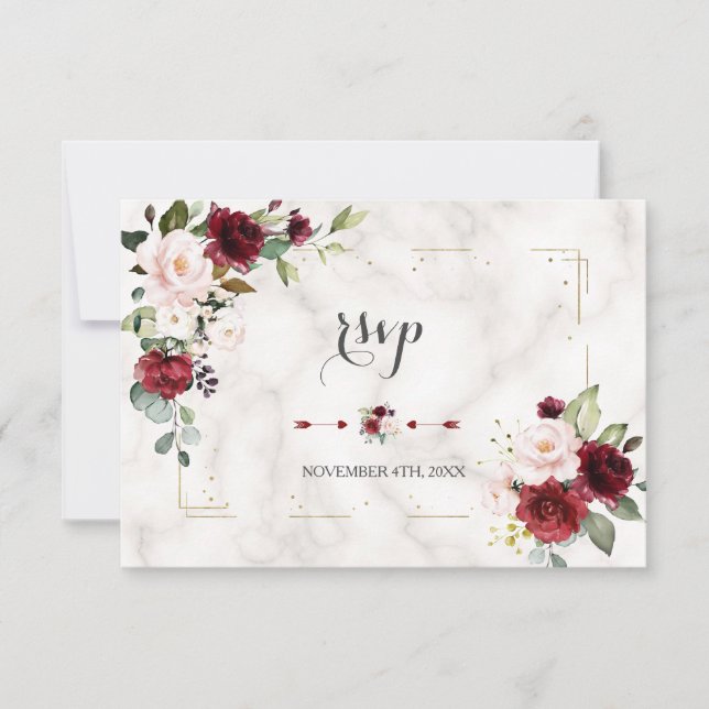 Cartão RSVP Casamento de Mármore Dourado Floral com Blush Burg (Frente)