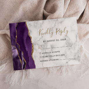 Cartão RSVP Casamento de mármore Dourado Roxo Moderno