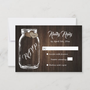 Cartão RSVP Casamento de Mason Jar, Coração de Madeira da Rúss