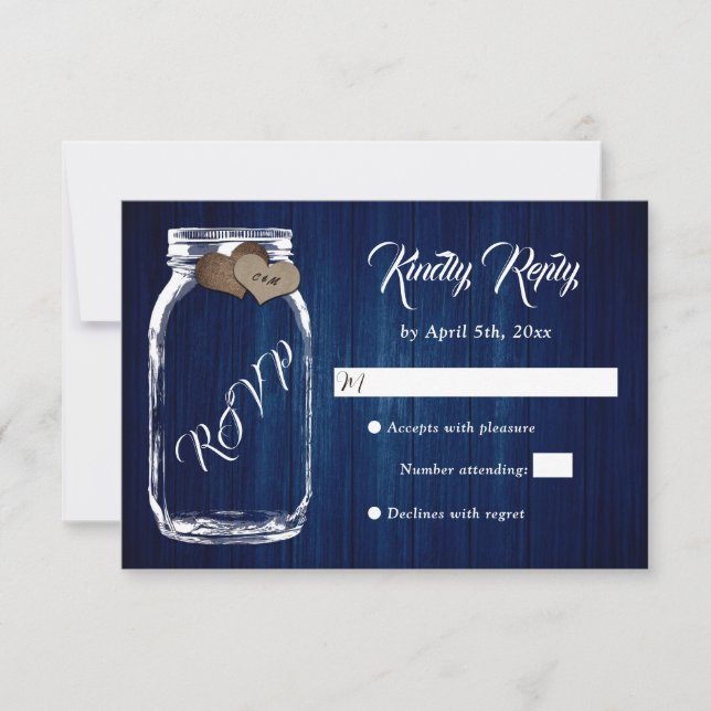 Cartão RSVP Casamento de Mason Jar, Madeira marinho Blue Rusti (Frente)