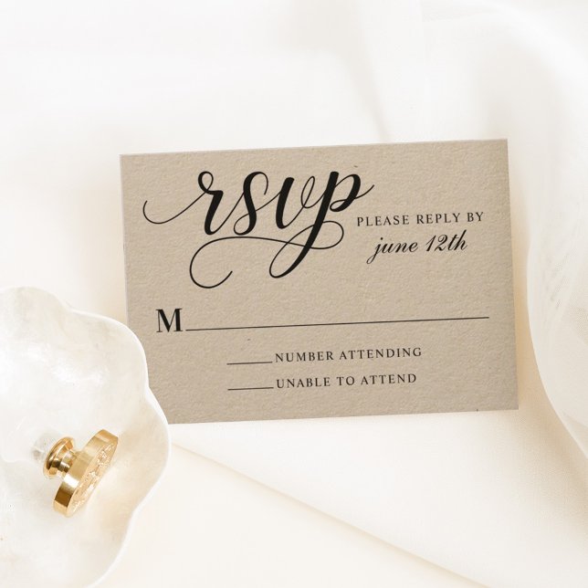 Cartão RSVP Casamento de Modern Kraft e Script Negro (Criador carregado)