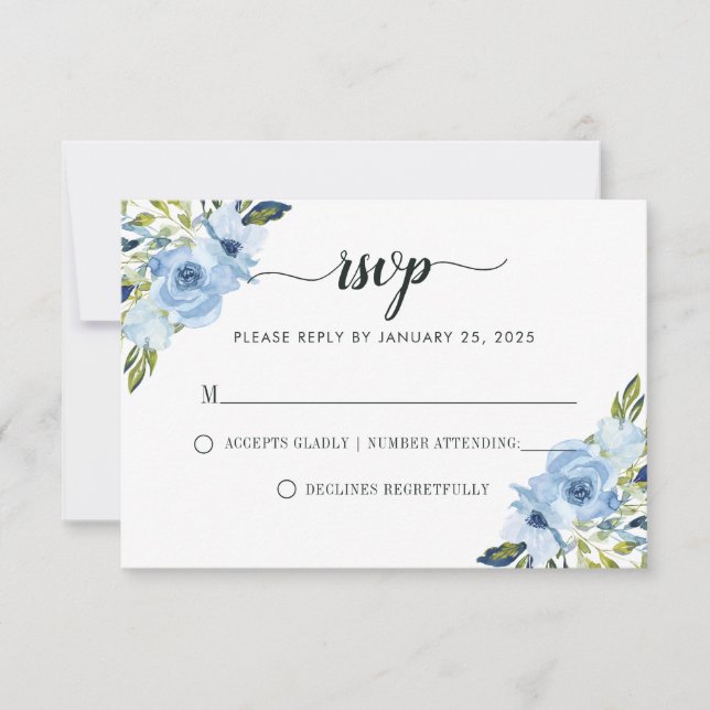 Cartão RSVP Casamento de Mola Floral Floral Azul-Chic (Frente)