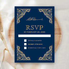 Cartão RSVP Casamento de Moldura Azul e Muçulmano Dourado
