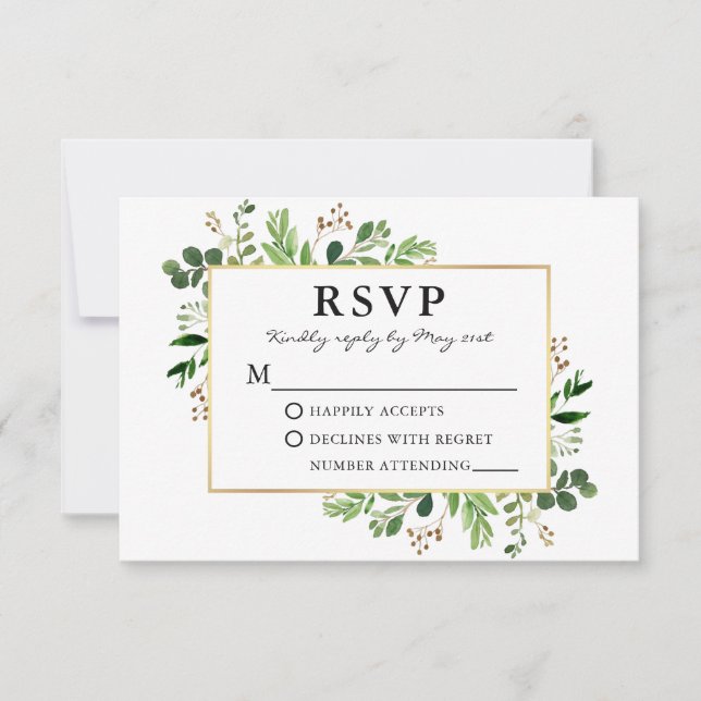 Cartão RSVP Casamento de Moldura Dourada Eucalyptus com Moldur (Frente)