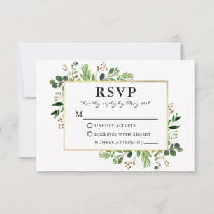 Cartão RSVP Casamento de Moldura Dourada Eucalyptus com Moldur