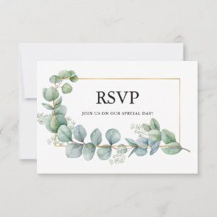 Cartão RSVP Casamento de Moldura Dourada Eucalyptus Greenery