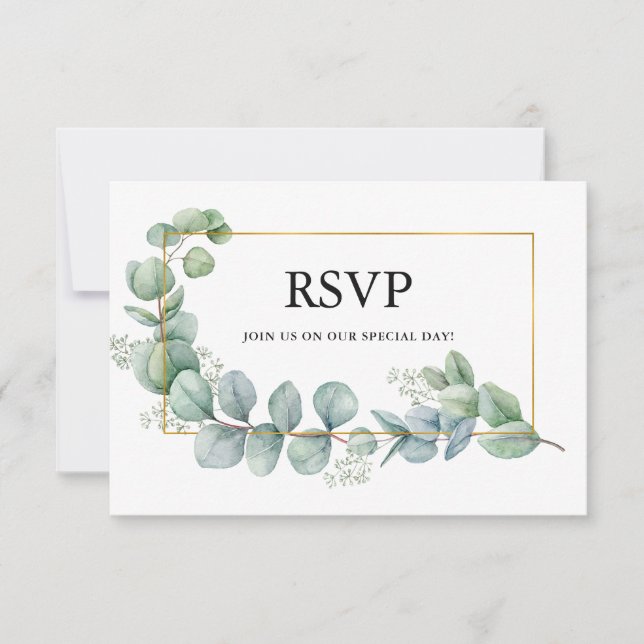 Cartão RSVP Casamento de Moldura Dourada Eucalyptus Greenery (Frente)