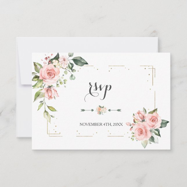 Cartão RSVP Casamento de Moldura Dourada Floral com Blush (Frente)
