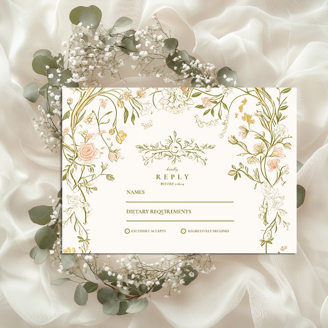 Cartão RSVP Casamento de Moldura Floral e Verde Elegante (Criador carregado)