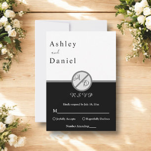 Cartão RSVP Casamento De Monograma Branco E Preto Chic Elegant