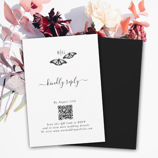 Cartão RSVP Casamento de Monograma da Borboleta Branca Minimal (Minimalist Black White Butterfly Monogram Wedding RSVP Card)
