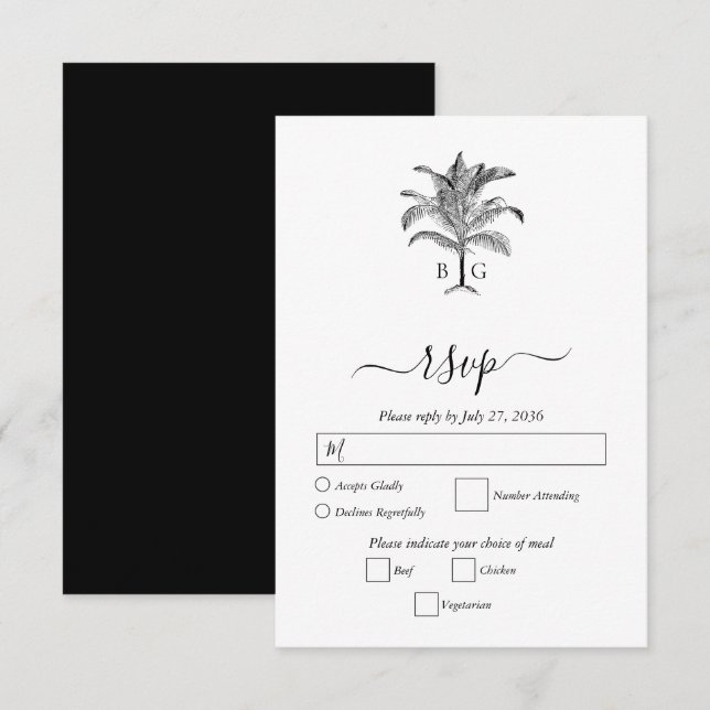Cartão RSVP Casamento de Monograma de Árvore Tropical Minimali (Frente/Verso)