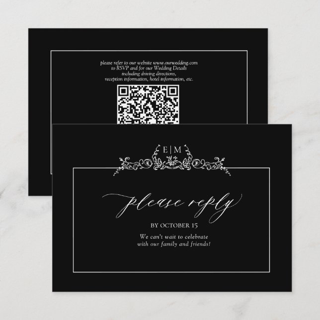 Cartão RSVP Casamento de Monograma de Borda Floral Preta e Bra (Frente/Verso)