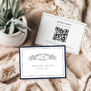 Cartão RSVP Casamento de Monograma de Marinho Azul e Chic
