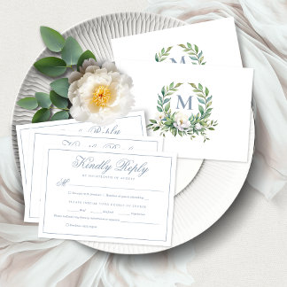Cartão RSVP Casamento de Monograma de Peste Floral Azul Elegan