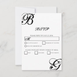 Cartão RSVP Casamento de Monograma de Script Preto e Branco