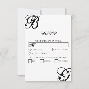 Cartão RSVP Casamento de Monograma de Script Preto e Branco