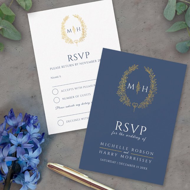 Cartão RSVP Casamento de monograma desenhado com ouro branco a (Criador carregado)