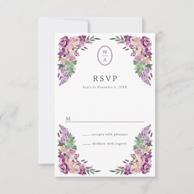 Cartão RSVP Casamento de Monograma Floral (Frente)