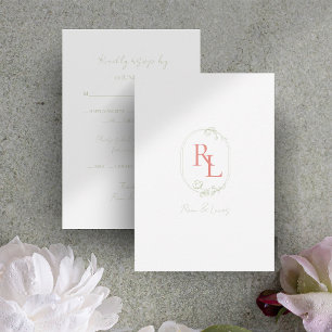 Cartão RSVP Casamento de Monograma Floral Branco e Verde Suave
