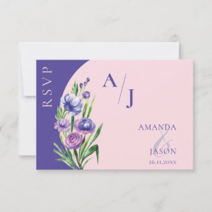 Cartão RSVP Casamento de Monograma Floral Rosa e Púrpura