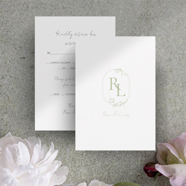 Cartão RSVP Casamento de Monograma Floral Verde e Branco (Criador carregado)
