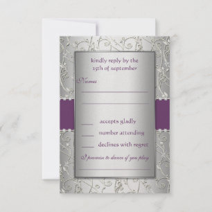 Cartão RSVP Casamento de Monograma Roxo e Prata