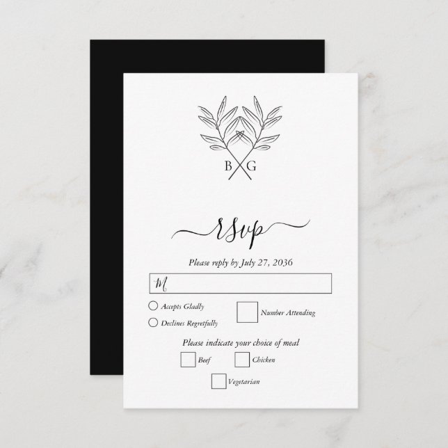 Cartão RSVP Casamento de Monograma Russo Botânico Minimalista (Frente/Verso)