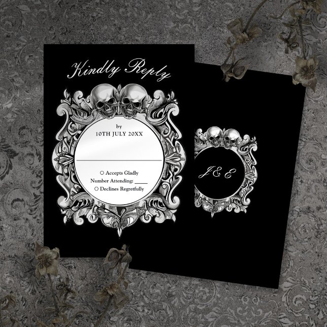 Cartão RSVP Casamento de Monogramas até à morte de crânios gót (Till Death Gothic Skulls Monogram Wedding RSVP Card)