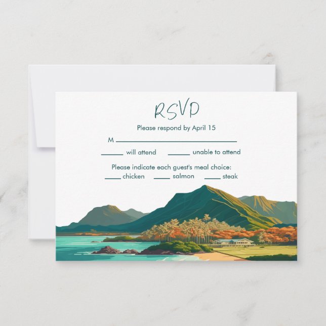 Cartão RSVP Casamento de Montanha Oahu Hawaii Beach (Frente)