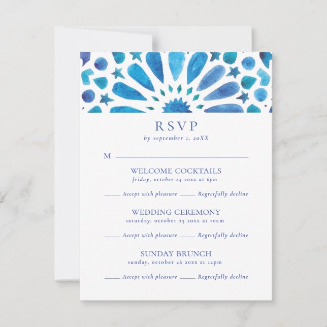 Cartão RSVP Casamento de Multi-Evento com Azulejo Azul marroqu (Frente)