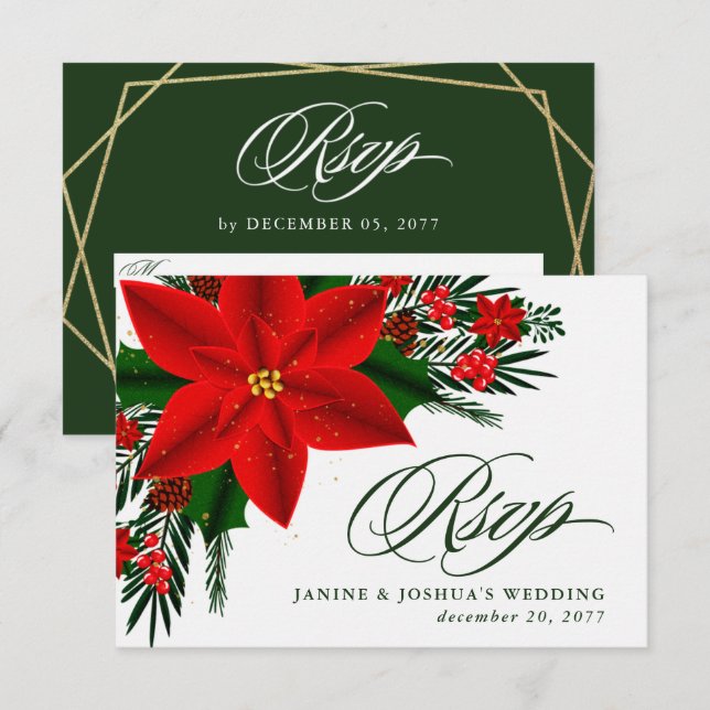 Cartão RSVP Casamento de Natal com Pinheiro Folhagem Poinsetti (Frente/Verso)