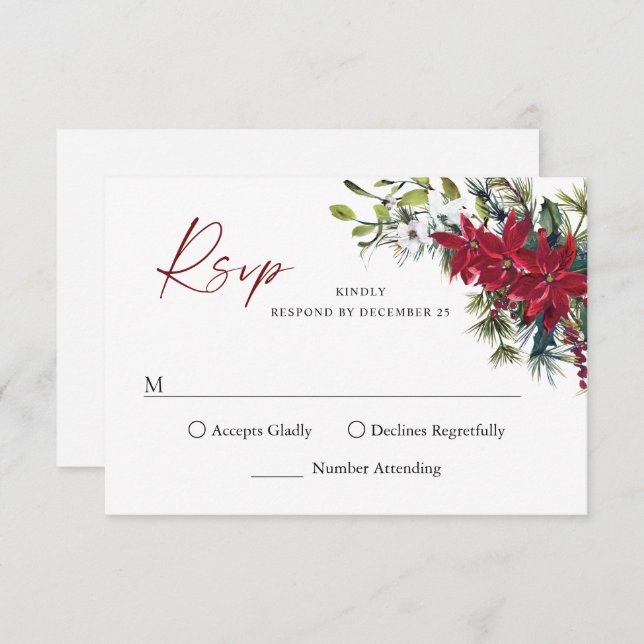 Cartão RSVP Casamento de Natal da Poinsettia Vermelha Elegante (Frente/Verso)