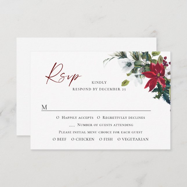 Cartão RSVP Casamento de Natal da Poinsettia Vermelha Elegante (Frente/Verso)